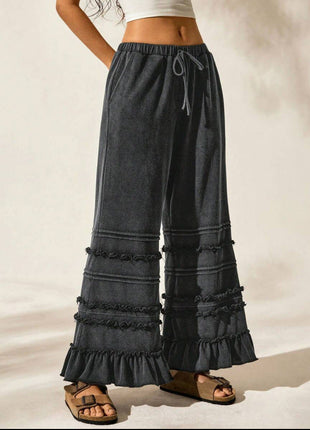 Casual Vacation Style Black Worn Looking Washed-out Loose Flared Pants