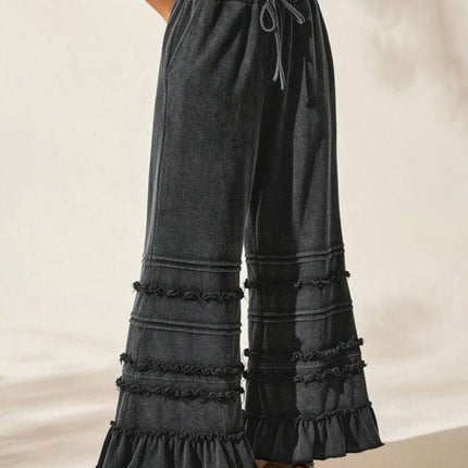 Casual Vacation Style Black Worn Looking Washed-out Loose Flared Pants