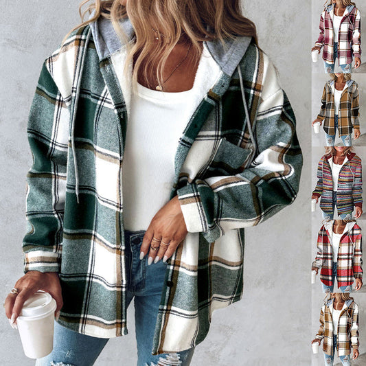 Plaid Hooded Jacket Fashion Casual Button Pocket Coat Autumn and Winter
