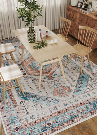 8x10 Area Rug, Vintage Machine Washable Rug, Non-Slip Floor Carpet for Living Room, Bedroom, Dining Room, Brown and Blue