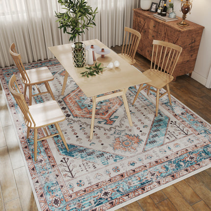 8x10 Area Rug, Vintage Machine Washable Rug, Non-Slip Floor Carpet for Living Room, Bedroom, Dining Room, Brown and Blue