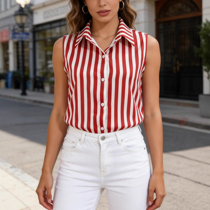Retro Striped Vest Polo-neck Sleeveless Top