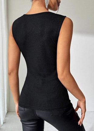 Black Ribbed Rhinestone-decorated Vest T-shirt Top