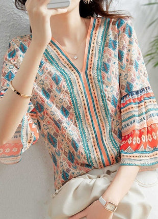V-neck Loose Flare Three-quarter Sleeve Blouse Top