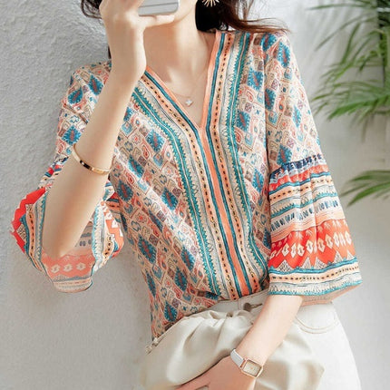 V-neck Loose Flare Three-quarter Sleeve Blouse Top