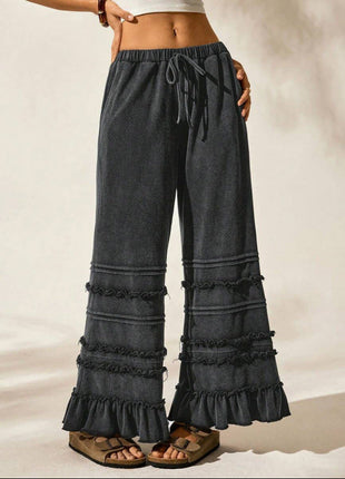 Casual Vacation Style Black Worn Looking Washed-out Loose Flared Pants
