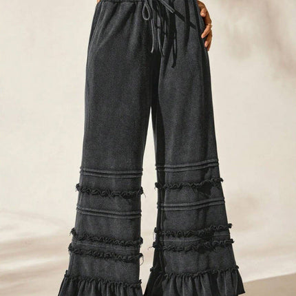 Casual Vacation Style Black Worn Looking Washed-out Loose Flared Pants