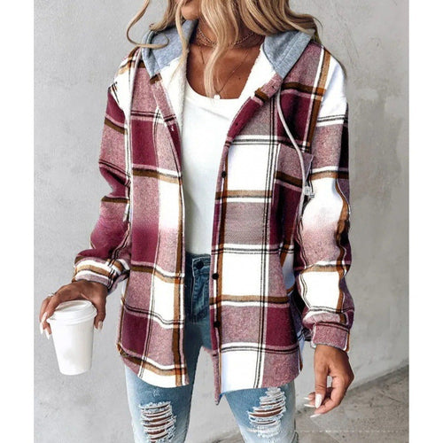 Plaid Hooded Jacket Fashion Casual Button Pocket Coat Autumn and Winter