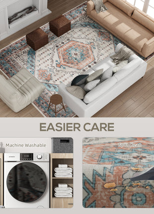 8x10 Area Rug, Vintage Machine Washable Rug, Non-Slip Floor Carpet for Living Room, Bedroom, Dining Room, Brown and Blue