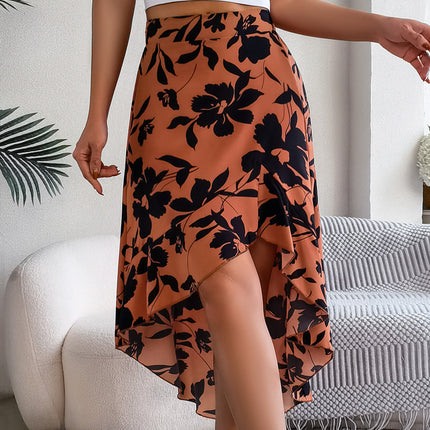 Elegant Flower Ruffled Mid-length Asymmetrical Skirt Wear