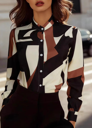 Bold Geometric Color-Block Printed Stand Collar Lantern Sleeve Shirt