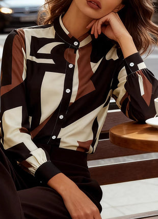 Bold Geometric Color-Block Printed Stand Collar Lantern Sleeve Shirt