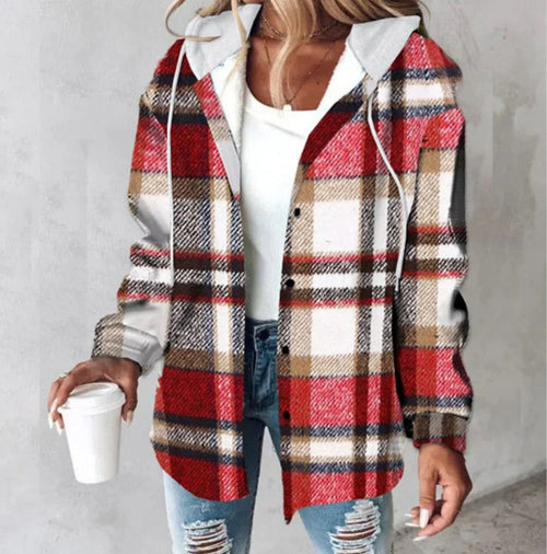 Plaid Hooded Jacket Fashion Casual Button Pocket Coat Autumn and Winter